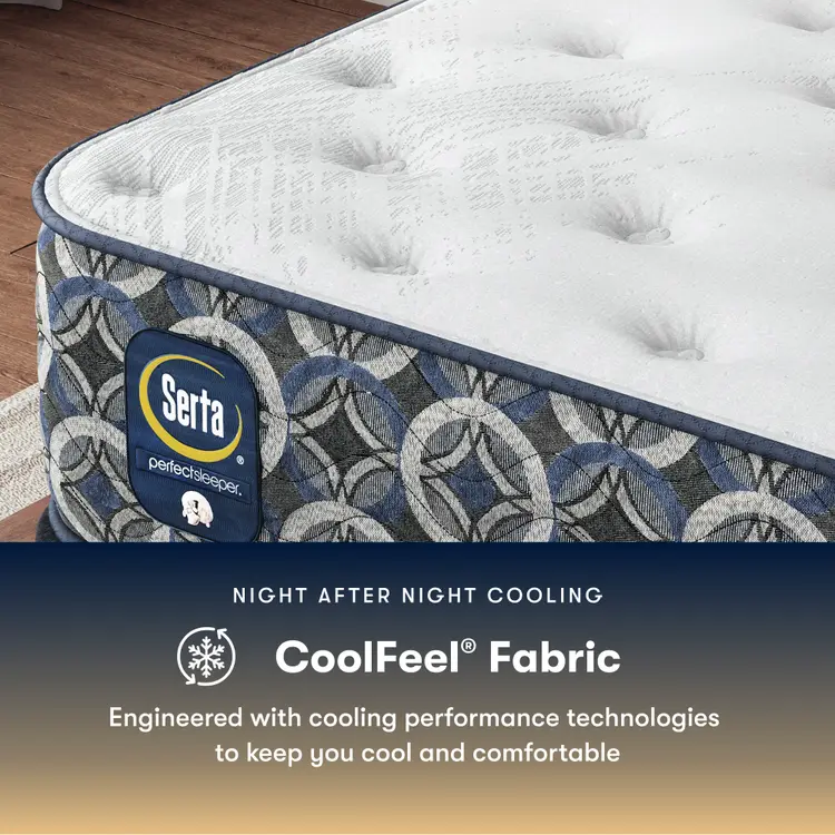 Serta Perfect Sleeper plush mattress with CoolFeel fabric label on a wooden floor.
