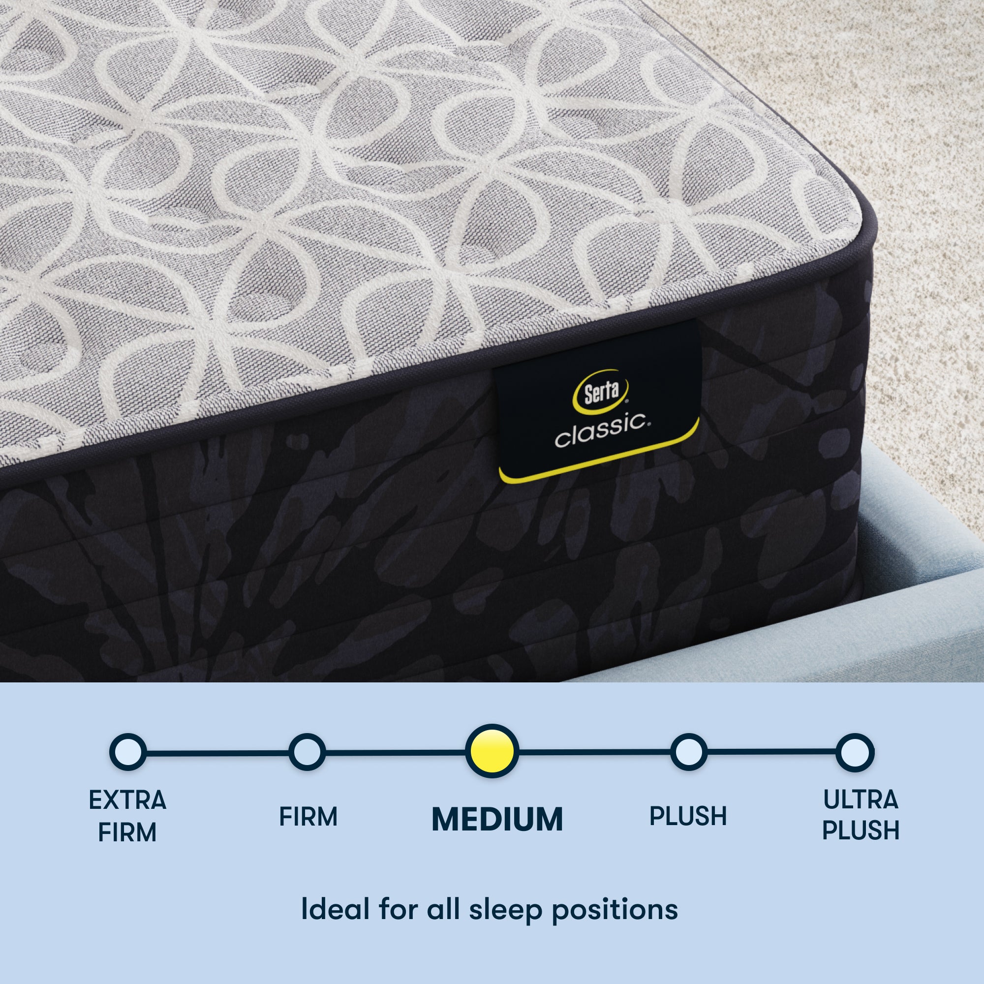 Serta Classic Clarks Hill Mattress with a patterned cover on a bed, showing sleep position compatibility.